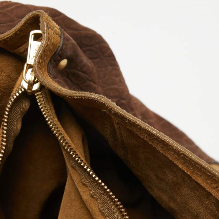 Pre Owned Saint Laurent Brown/Grey Croc Embossed Leather and Suede Muse Two Top Handle Bag