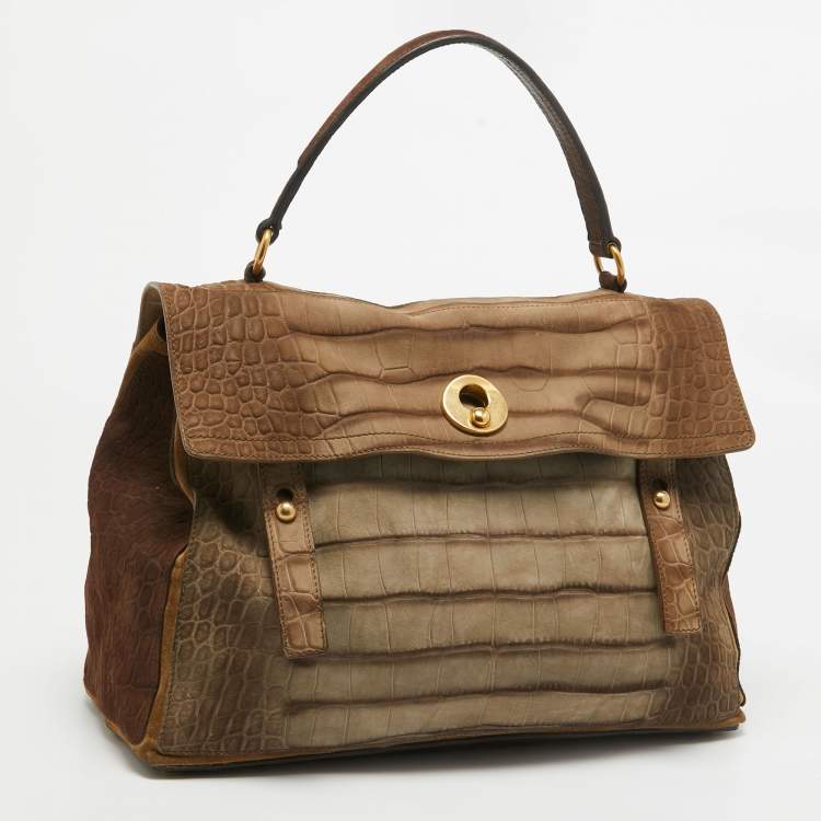 Pre Owned Saint Laurent Brown/Grey Croc Embossed Leather and Suede Muse Two Top Handle Bag