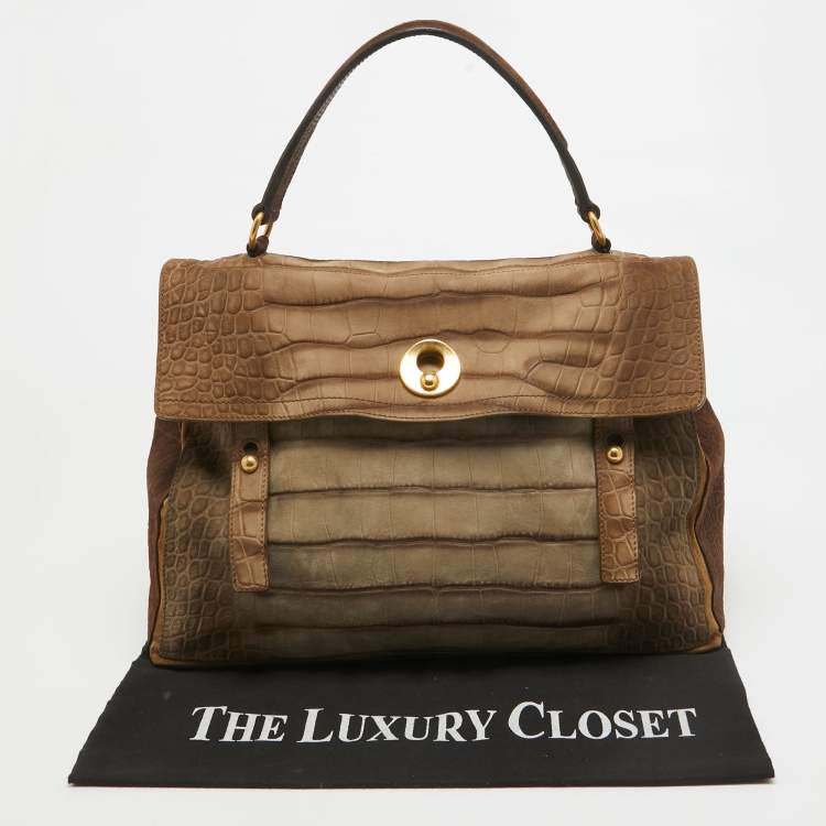 Pre Owned Saint Laurent Brown/Grey Croc Embossed Leather and Suede Muse Two Top Handle Bag