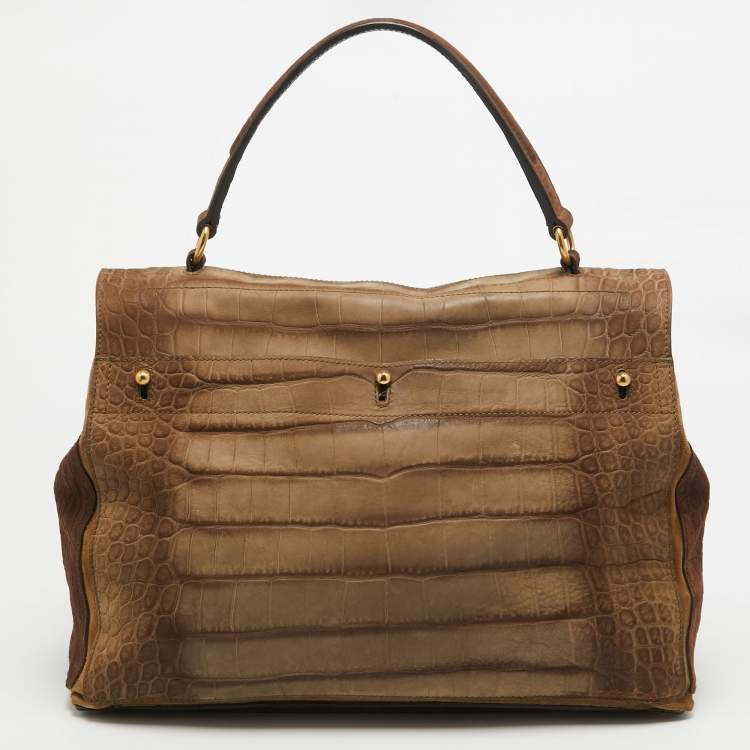 Pre Owned Saint Laurent Brown/Grey Croc Embossed Leather and Suede Muse Two Top Handle Bag