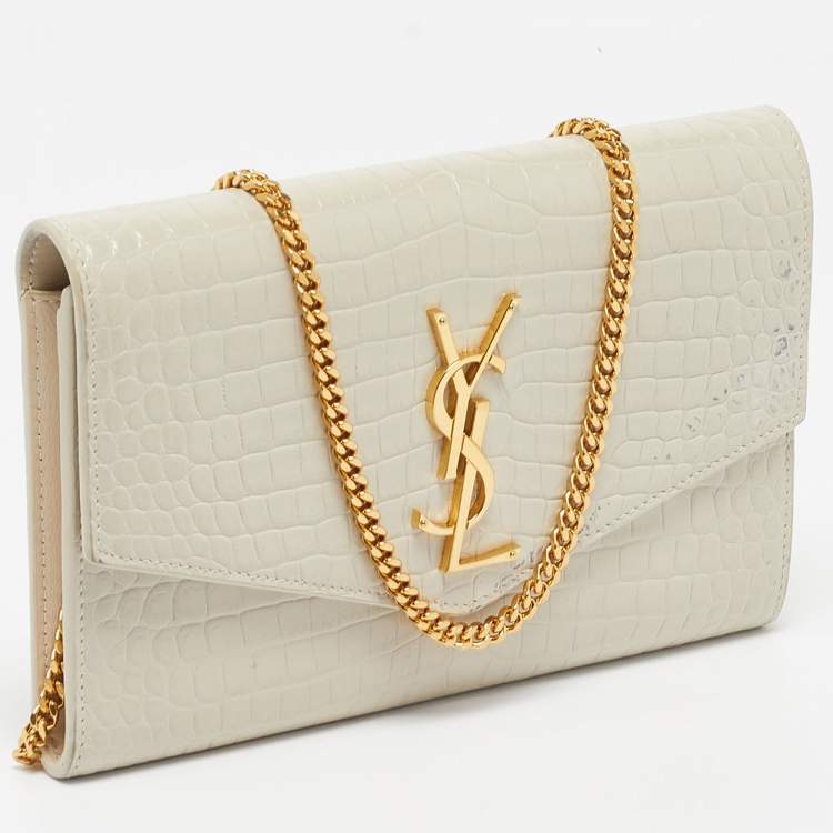 Pre Owned Saint Laurent Cream Croc Embossed Leather Uptown Wallet on Chain