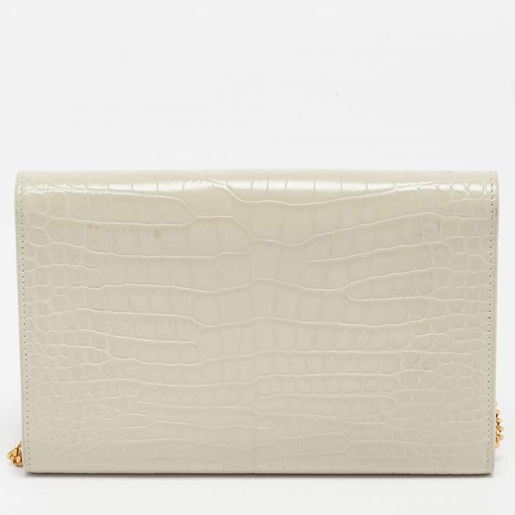 Pre Owned Saint Laurent Cream Croc Embossed Leather Uptown Wallet on Chain