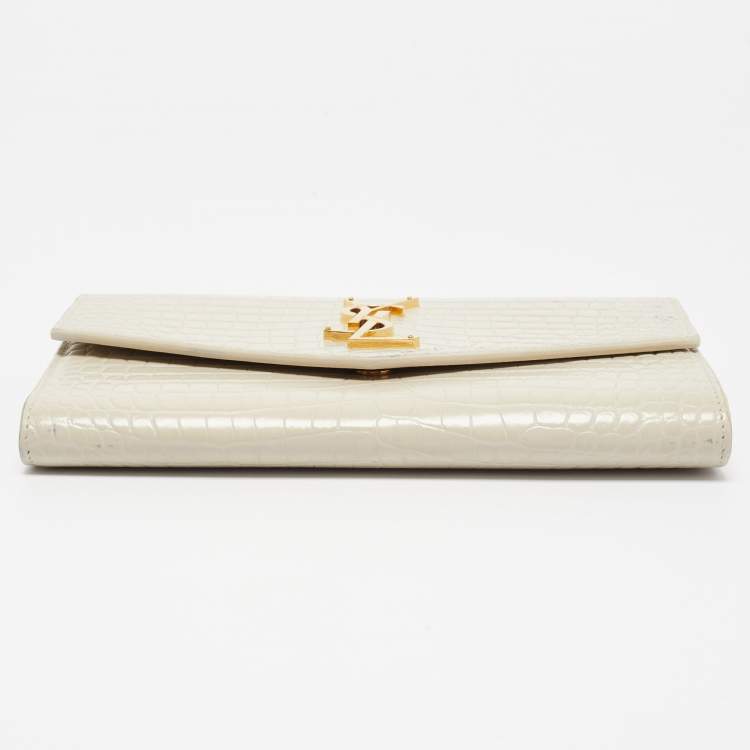 Pre Owned Saint Laurent Cream Croc Embossed Leather Uptown Wallet on Chain