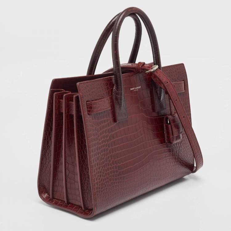 Pre Owned Saint Laurent Burgundy Croc Embossed Leather Baby Classic Sac De Jour Tote