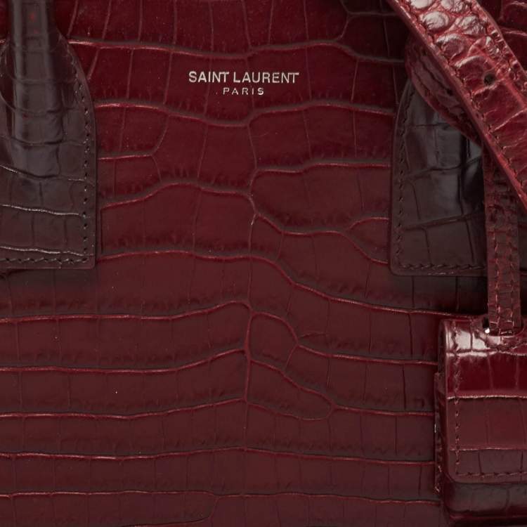 Pre Owned Saint Laurent Burgundy Croc Embossed Leather Baby Classic Sac De Jour Tote