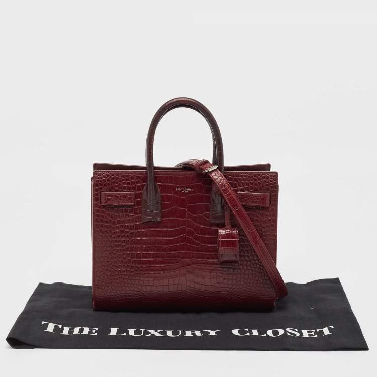 Pre Owned Saint Laurent Burgundy Croc Embossed Leather Baby Classic Sac De Jour Tote