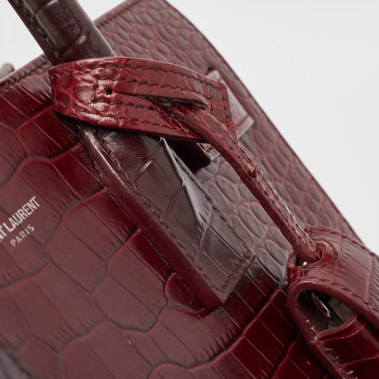 Pre Owned Saint Laurent Burgundy Croc Embossed Leather Baby Classic Sac De Jour Tote