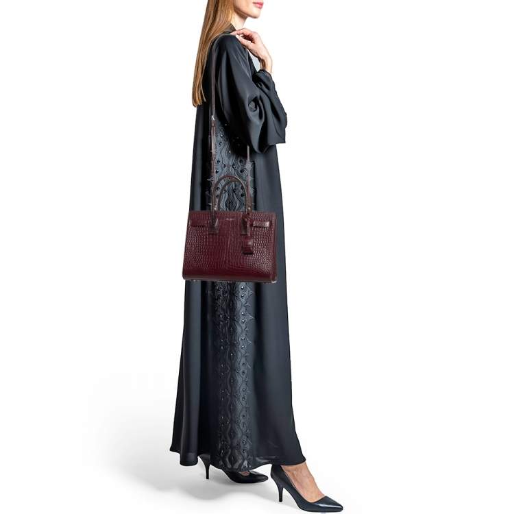 Pre Owned Saint Laurent Burgundy Croc Embossed Leather Baby Classic Sac De Jour Tote