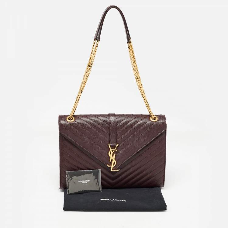 Pre Owned Saint Laurent Burgundy Matelasse Leather Large Monogram Envelope Shoulder Bag
