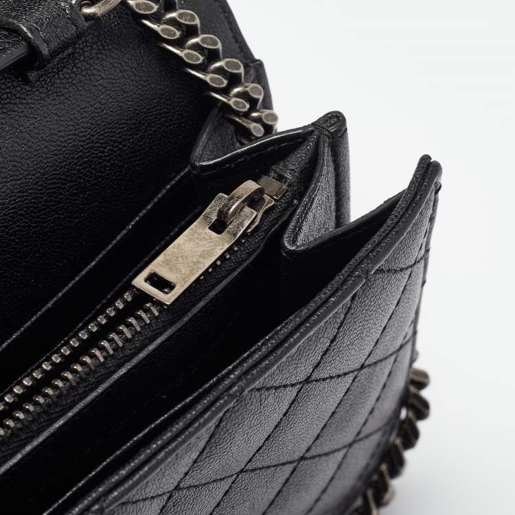 Pre Owned Saint Laurent Black Mix Matelassé Leather Monogram Envelope Wallet on Chain