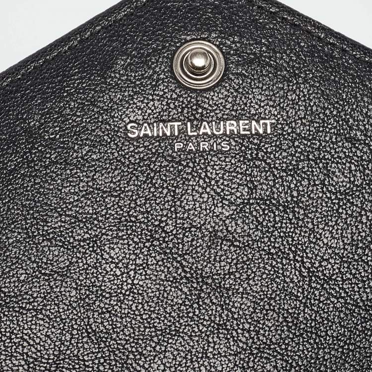 Pre Owned Saint Laurent Black Mix Matelassé Leather Monogram Envelope Wallet on Chain