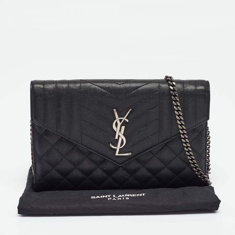 Pre Owned Saint Laurent Black Mix Matelassé Leather Monogram Envelope Wallet on Chain
