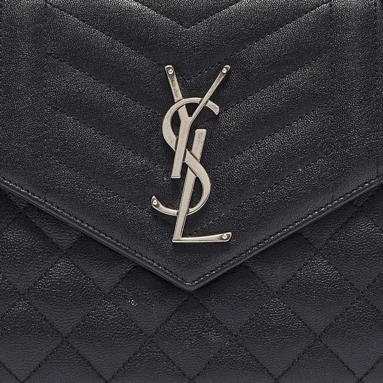 Pre Owned Saint Laurent Black Mix Matelassé Leather Monogram Envelope Wallet on Chain