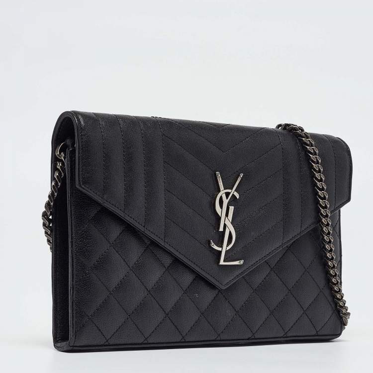 Pre Owned Saint Laurent Black Mix Matelassé Leather Monogram Envelope Wallet on Chain