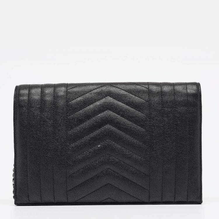 Pre Owned Saint Laurent Black Mix Matelassé Leather Monogram Envelope Wallet on Chain