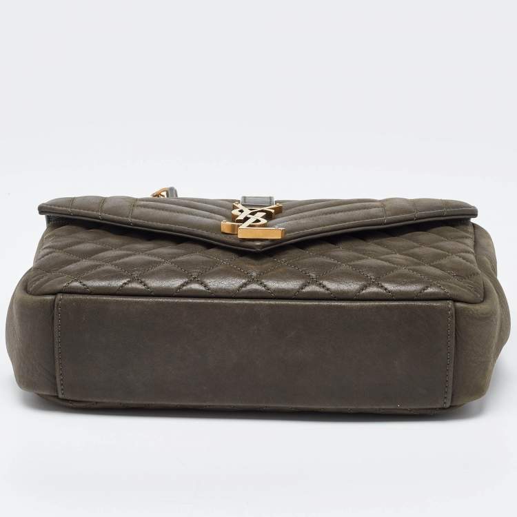 Pre Owned Saint Laurent Olive Green Mix Matelasse Leather Medium Envelope Chain Bag