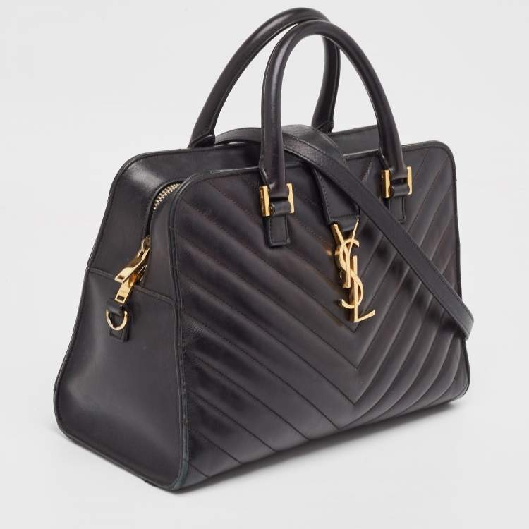 Pre Owned Saint Laurent Black Matelasse Leather Small Monogram Cabas Tote
