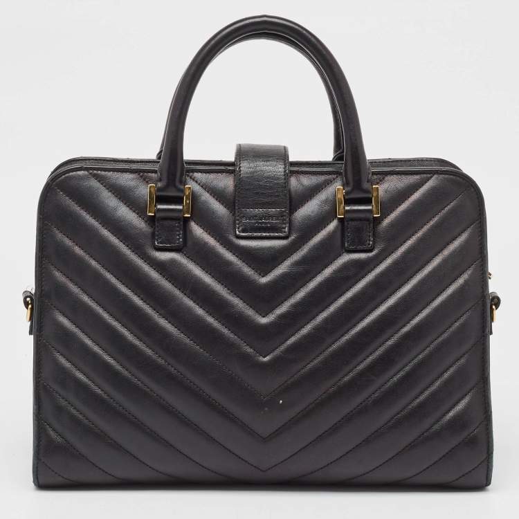 Pre Owned Saint Laurent Black Matelasse Leather Small Monogram Cabas Tote