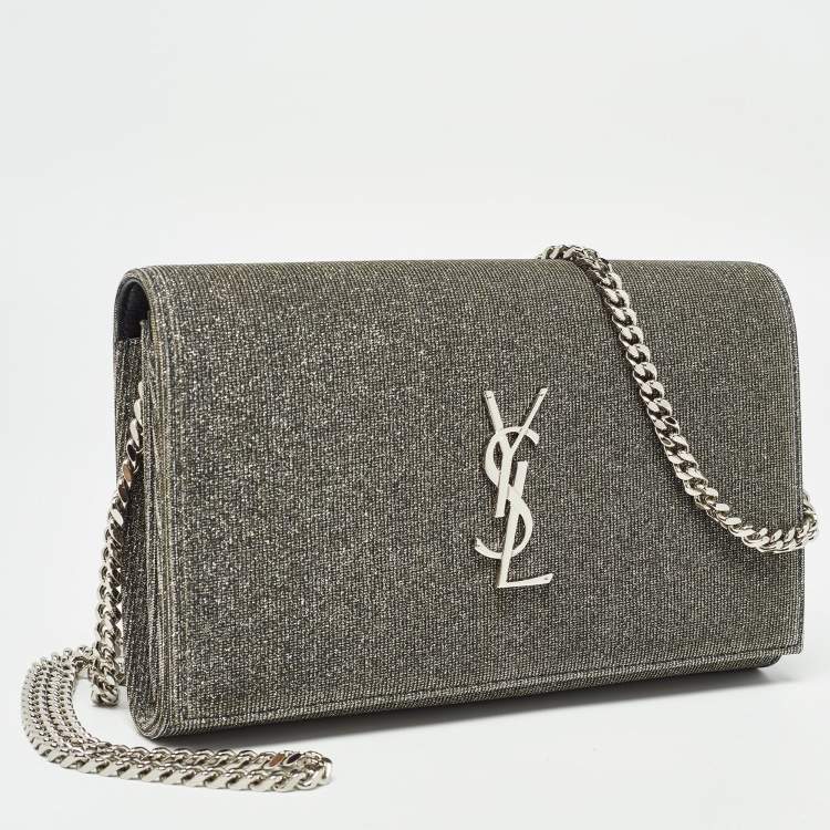 Pre Owned Saint Laurent Grey Lurex Fabric Kate Chain Clutch