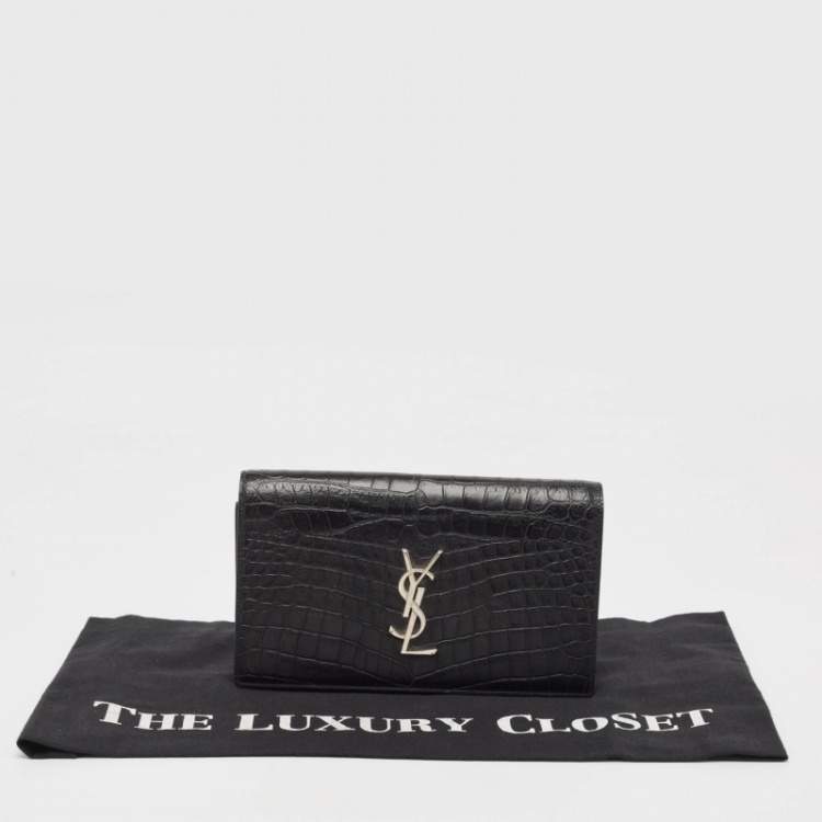 Pre Owned Saint Laurent Black Croc Embossed Leather Monogram Kate Clutch