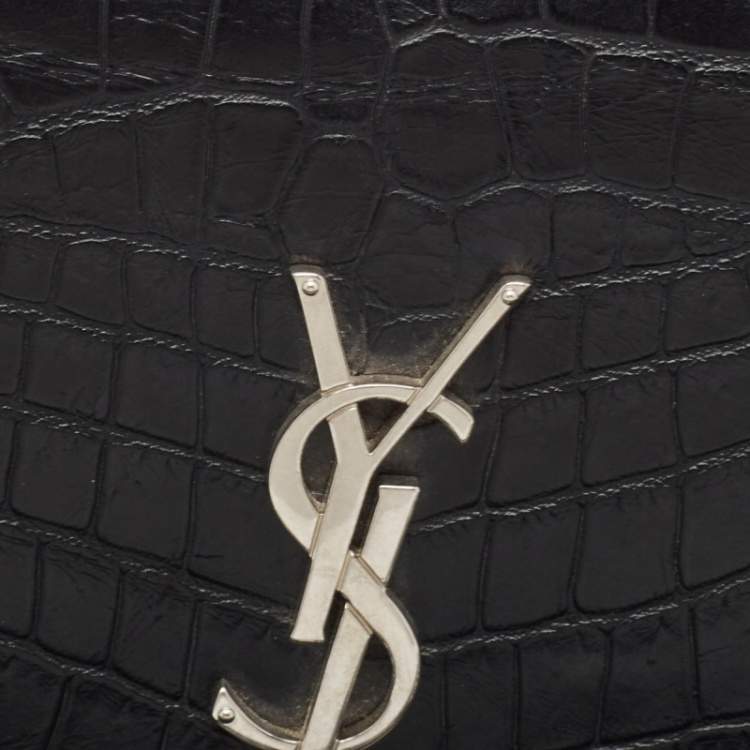 Pre Owned Saint Laurent Black Croc Embossed Leather Monogram Kate Clutch