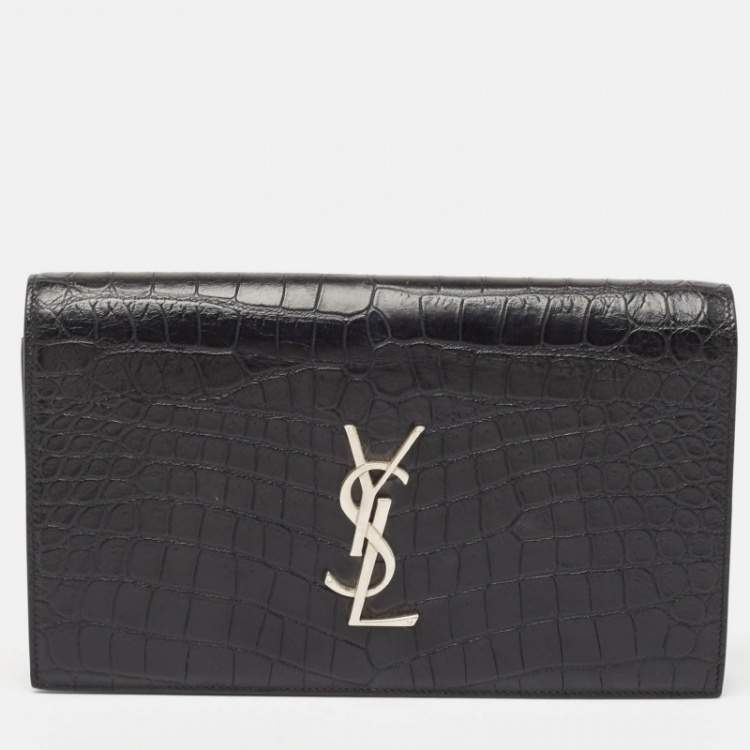 Pre Owned Saint Laurent Black Croc Embossed Leather Monogram Kate Clutch