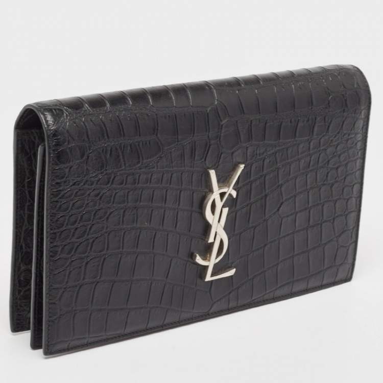 Pre Owned Saint Laurent Black Croc Embossed Leather Monogram Kate Clutch