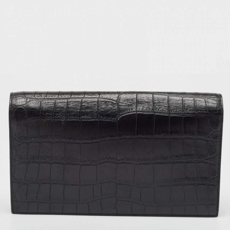 Pre Owned Saint Laurent Black Croc Embossed Leather Monogram Kate Clutch