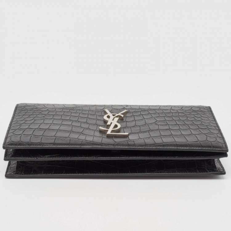 Pre Owned Saint Laurent Black Croc Embossed Leather Monogram Kate Clutch