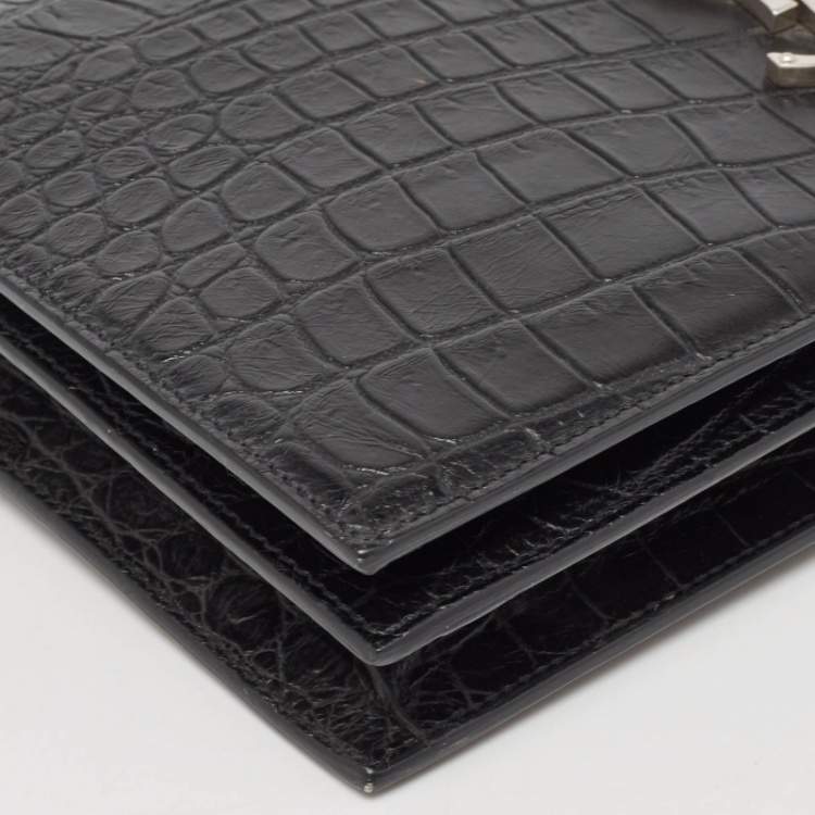 Pre Owned Saint Laurent Black Croc Embossed Leather Monogram Kate Clutch