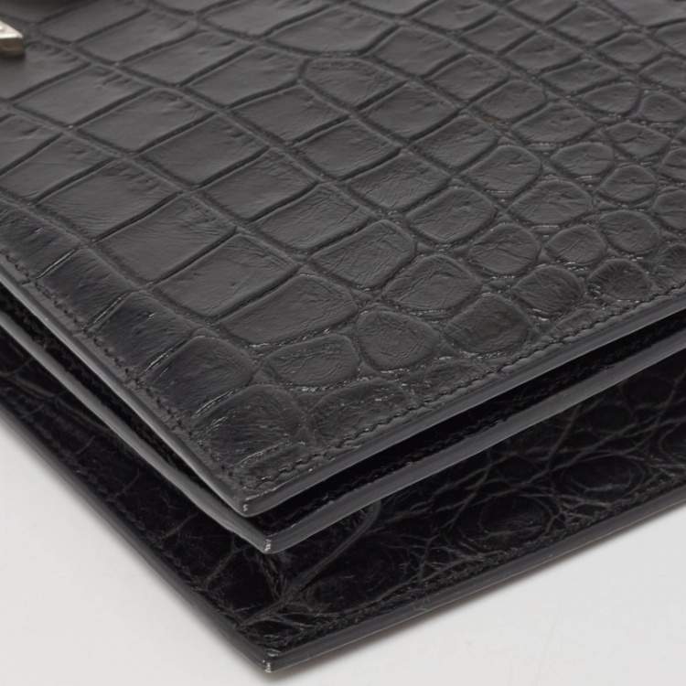 Pre Owned Saint Laurent Black Croc Embossed Leather Monogram Kate Clutch