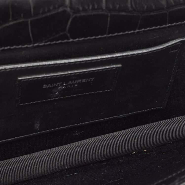 Pre Owned Saint Laurent Black Croc Embossed Leather Monogram Kate Clutch