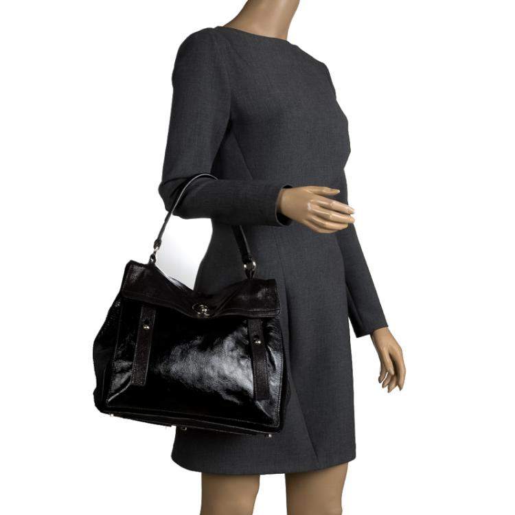 Pre Owned Yves Saint Laurent Black Patent Leather/Python and Suede Muse Two Satchel