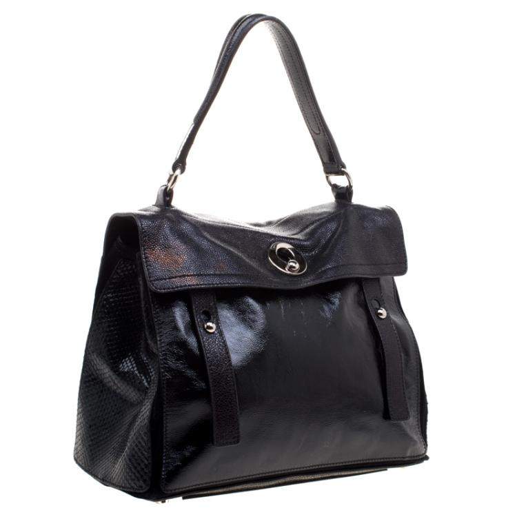 Pre Owned Yves Saint Laurent Black Patent Leather/Python and Suede Muse Two Satchel