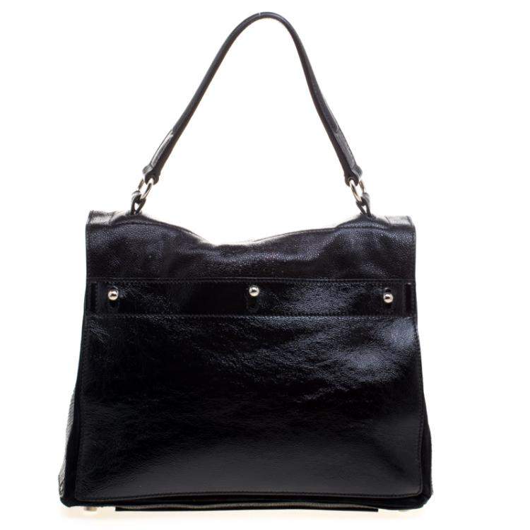 Pre Owned Yves Saint Laurent Black Patent Leather/Python and Suede Muse Two Satchel