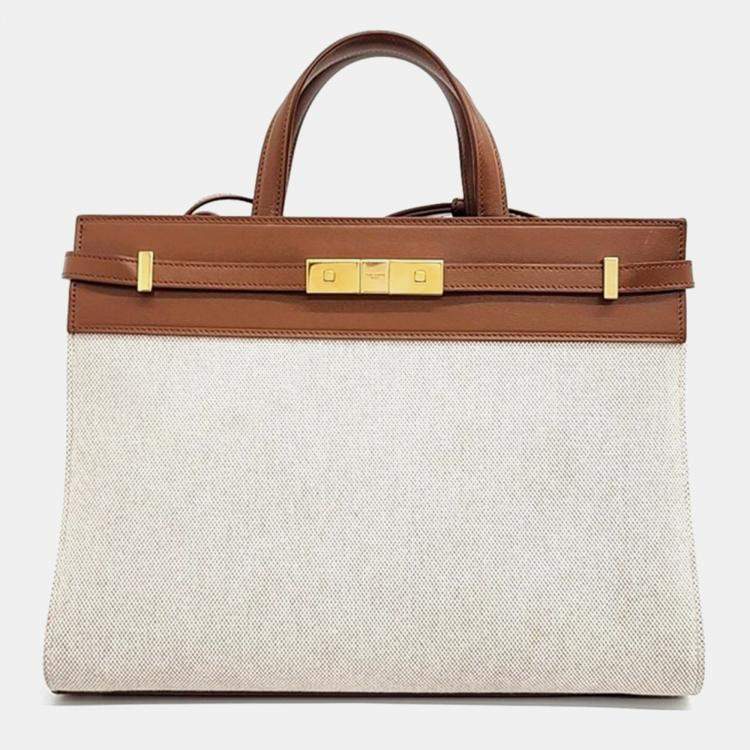 Pre Owned Saint Laurent Paris Beige/Ivory Canvas and Leather Small Manhattan Tote Bag