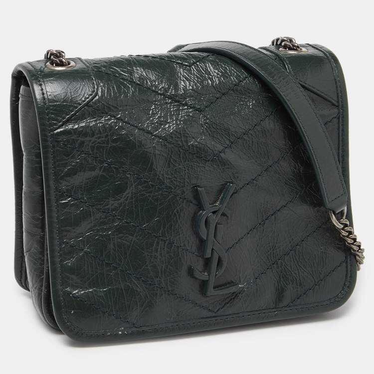 Pre Owned Saint Laurent Green Crinkled Leather Niki Chain Shoulder Bag