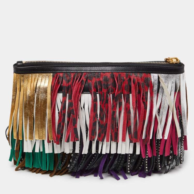 Pre Owned Saint Laurent Multicolor Leather and Suede Fringed Zip Clutch