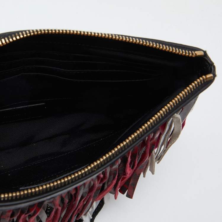 Pre Owned Saint Laurent Multicolor Leather and Suede Fringed Zip Clutch