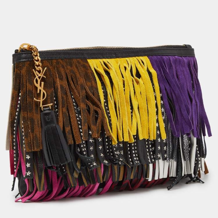 Pre Owned Saint Laurent Multicolor Leather and Suede Fringed Zip Clutch