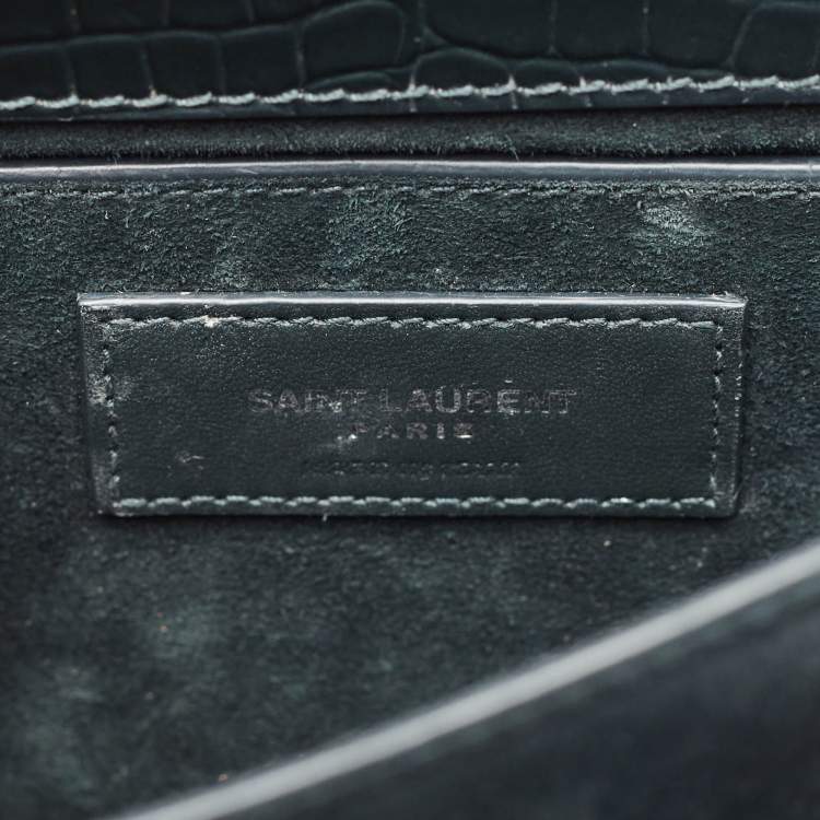 Pre Owned Saint Laurent Dark Green Croc Embossed Leather Medium Sunset Shoulder Bag