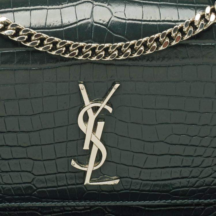 Pre Owned Saint Laurent Dark Green Croc Embossed Leather Medium Sunset Shoulder Bag