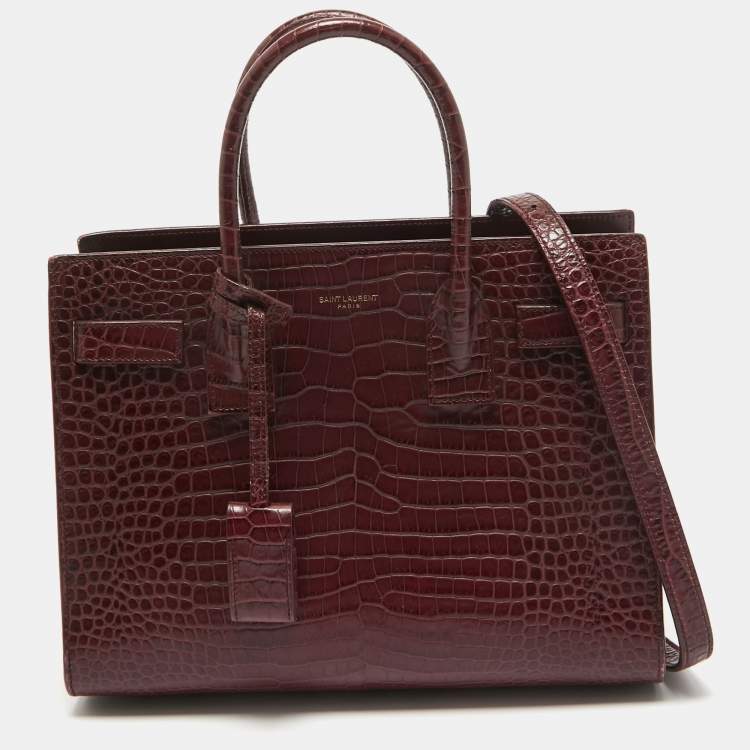 مملوكة مسبقًا Saint Laurent Dark Red Croc Embossed Leather Baby Classic Sac De Jour Tote