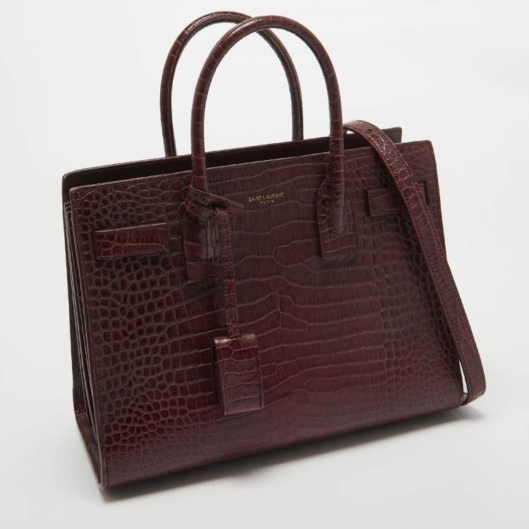 مملوكة مسبقًا Saint Laurent Dark Red Croc Embossed Leather Baby Classic Sac De Jour Tote