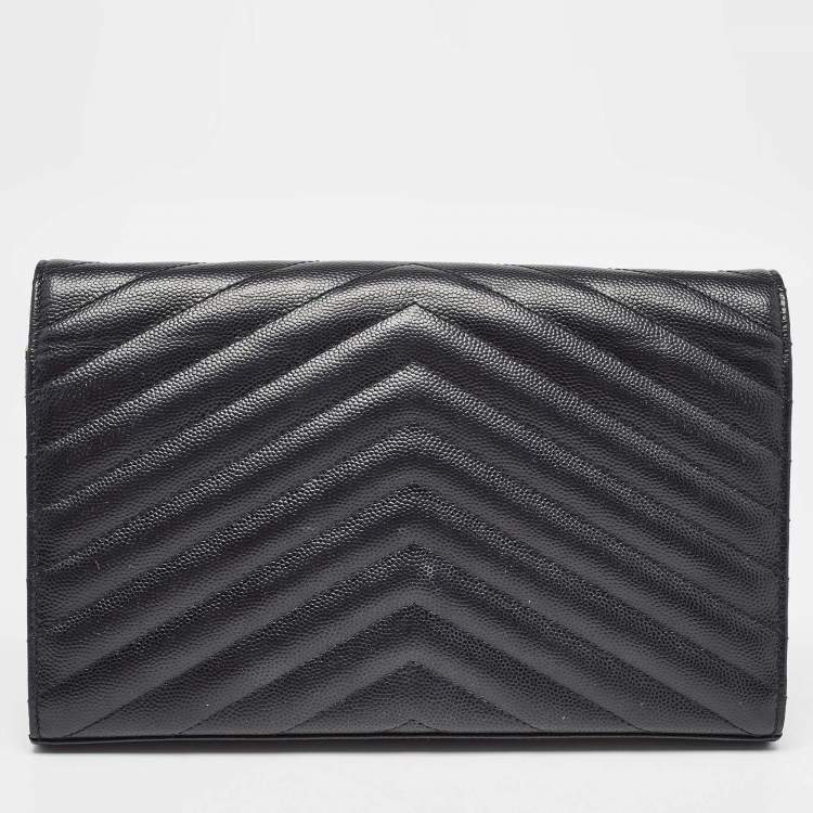Pre Owned Saint Laurent Black Matelassé Leather Cassandre Wallet on Chain