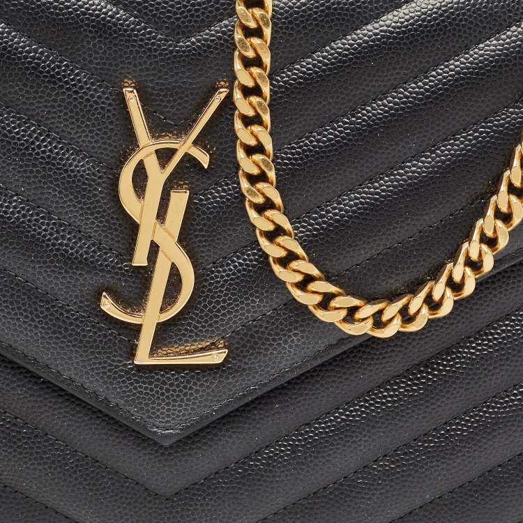 Pre Owned Saint Laurent Black Matelassé Leather Cassandre Wallet on Chain