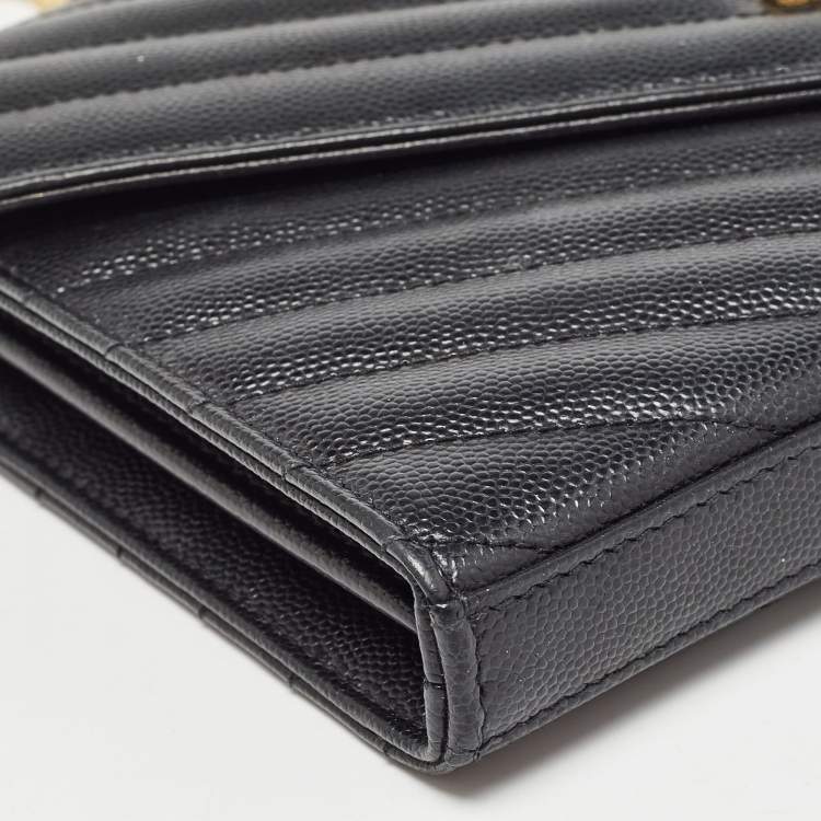 Pre Owned Saint Laurent Black Matelassé Leather Cassandre Wallet on Chain
