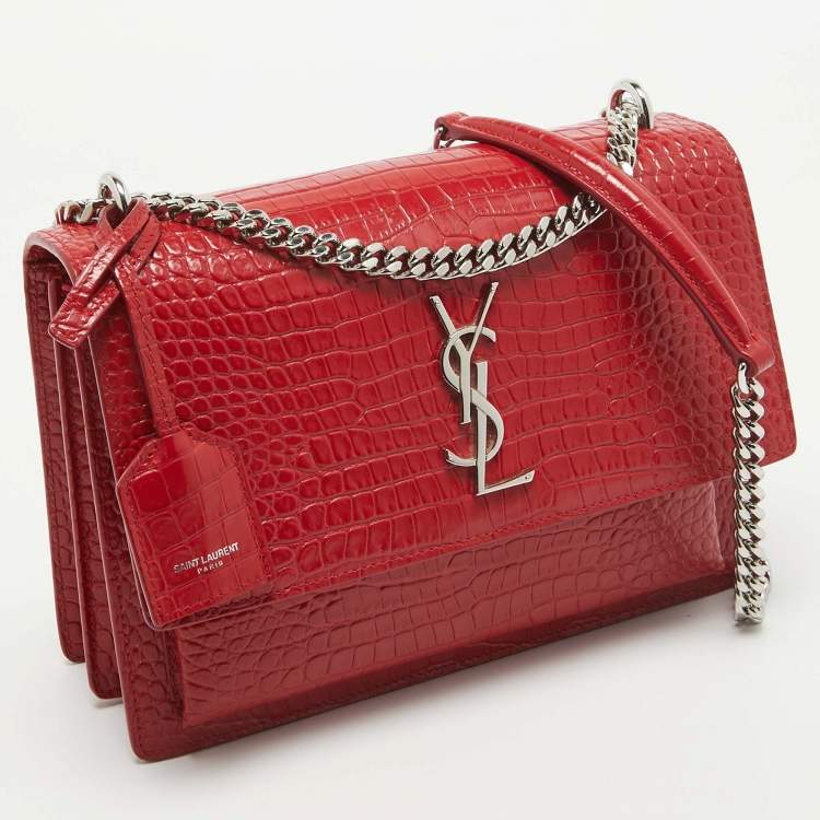 Pre Owned Saint Laurent Red Croc Embossed Leather Medium Sunset Shoulder Bag