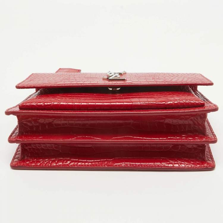 Pre Owned Saint Laurent Red Croc Embossed Leather Medium Sunset Shoulder Bag