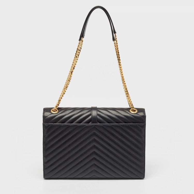 Pre Owned Saint Laurent Black Matelassé Leather Large Monogram Envelope Shoulder Bag
